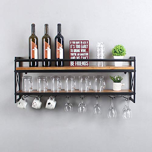 MBQQ Wine Rack Stemware Glass Rack,Industrial 2-Tier Wood Shelf,36" Wall Mounted Wine Racks with 8 Stem Glass Holder for Wine Glasses,Mugs,Home Decor,Black