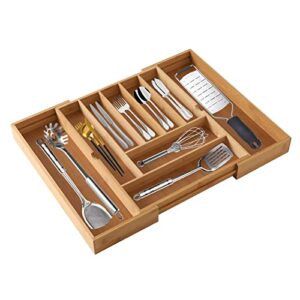 pengke bamboo kitchen drawer organizer for utensils holder,expandable cutlery tray with divider,silverware flatware storage and removable knife block,7 – 9 slot