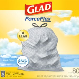 GLAD ForceFlex Tall Drawstring Trash Bags, 13 Gallon Grey Trash Bags for Tall Kitchen Trash Can, Fresh Clean with Febreze Freshness to Eliminate Odors, 80 Count - Packaging May Vary