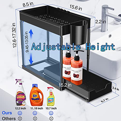 Under Sink Organizer, 2 PCS Adjustable Height Organizer Drawers 2 tier Multi-purpose Under Sliding Cabinet Basket, Kitchen Bathroom Cabinet Shelf Under Sink Organizers and Storage White