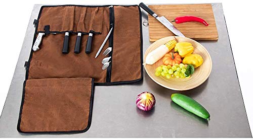 Chef’s Knife Roll, 5 Pockets Knife Bag,Waxed Canvas Roll Up Culinary Bag,Professional Cutlery Storage Case, Portable Knife Tool Roll Bag, Multi-Purpose Knife Cover For Cooking, Camping (Brown)