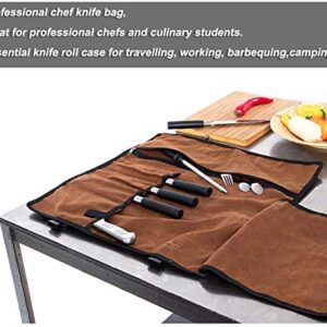 Chef’s Knife Roll, 5 Pockets Knife Bag,Waxed Canvas Roll Up Culinary Bag,Professional Cutlery Storage Case, Portable Knife Tool Roll Bag, Multi-Purpose Knife Cover For Cooking, Camping (Brown)