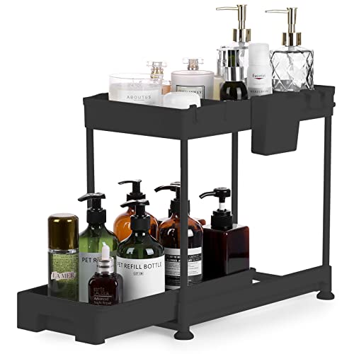 Under Sink Organizer, 2-Tier Sliding Under Sink Organizers and Storage Under Sink Storage for kitchen Under Cabinet Organizer with Hooks, Hanging Cup, Dividers