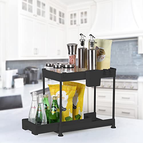 Under Sink Organizer, 2-Tier Sliding Under Sink Organizers and Storage Under Sink Storage for kitchen Under Cabinet Organizer with Hooks, Hanging Cup, Dividers