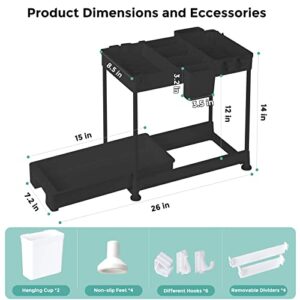 Under Sink Organizer, 2-Tier Sliding Under Sink Organizers and Storage Under Sink Storage for kitchen Under Cabinet Organizer with Hooks, Hanging Cup, Dividers