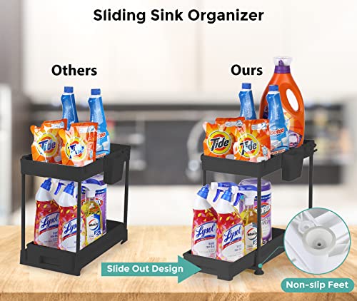 Under Sink Organizer, 2-Tier Sliding Under Sink Organizers and Storage Under Sink Storage for kitchen Under Cabinet Organizer with Hooks, Hanging Cup, Dividers