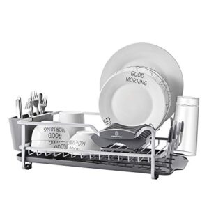 kk kingrack aluminum dish rack with expandable over the sink, in sink dish drying rack and drain broad, removable cutlery holder, anti-scratch cup holder (112040)