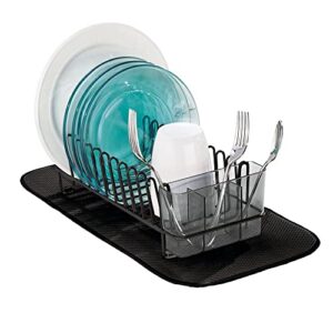 mdesign compact modern metal dish drying rack and microfiber mat set for kitchen countertop, sink – drain and dry wine glasses, bowls and dishes – removable cutlery tray – set of 2 – black/smoke gray