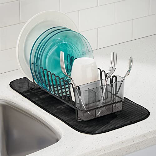 mDesign Compact Modern Metal Dish Drying Rack and Microfiber Mat Set for Kitchen Countertop, Sink - Drain and Dry Wine Glasses, Bowls and Dishes - Removable Cutlery Tray - Set of 2 - Black/Smoke Gray