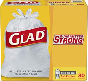 glad tall quick-tie trash bags, 13 gallon white trash bags for tall kitchen trash can, 80 count – packaging may vary