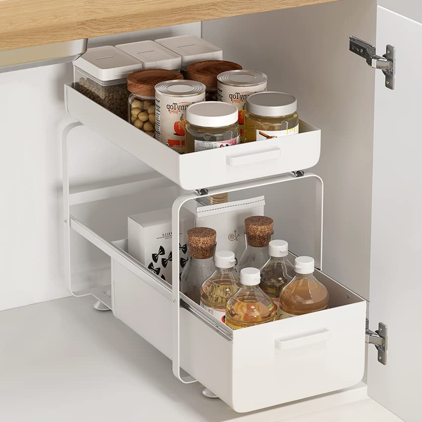 nun 2-Tier Under Sink Kitchen Cabinet Organizer with Sliding Storage Drawer,White,10.23inW x 16.33inD x 15.94inH