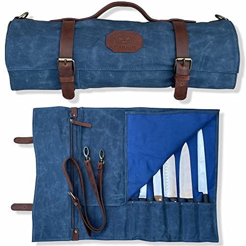 Lynx Soul MARION - LE VOYAGEUR BLEU - Waxed Canvas with Genuine Calf Top Grain Leather - Handmade Professional Chef Knife Storage Roll Bag - 8 Pockets and Zippered Pocket, Blue