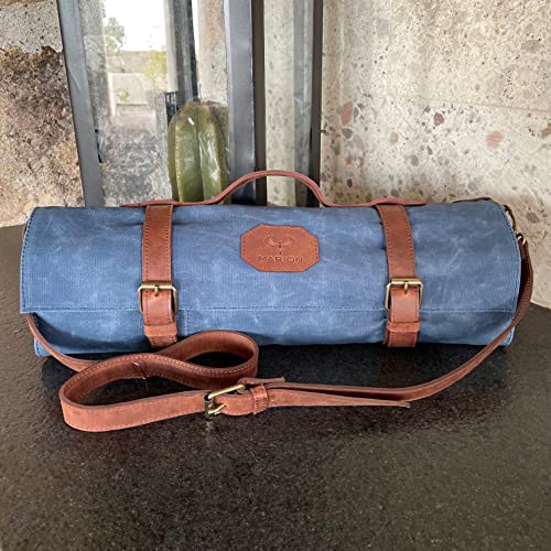 Lynx Soul MARION - LE VOYAGEUR BLEU - Waxed Canvas with Genuine Calf Top Grain Leather - Handmade Professional Chef Knife Storage Roll Bag - 8 Pockets and Zippered Pocket, Blue