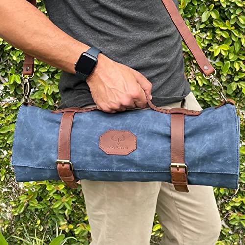 Lynx Soul MARION - LE VOYAGEUR BLEU - Waxed Canvas with Genuine Calf Top Grain Leather - Handmade Professional Chef Knife Storage Roll Bag - 8 Pockets and Zippered Pocket, Blue