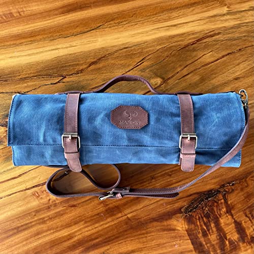 Lynx Soul MARION - LE VOYAGEUR BLEU - Waxed Canvas with Genuine Calf Top Grain Leather - Handmade Professional Chef Knife Storage Roll Bag - 8 Pockets and Zippered Pocket, Blue