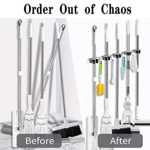 5 Racks and 4 Hooks Mop and Broom Holder Wall Mount, Broom Organizer Storage Tool Racks Stainless Steel Heavy Duty Hooks Self Adhesive Solid Non-slip for Home Kitchen Garden Laundry Garage