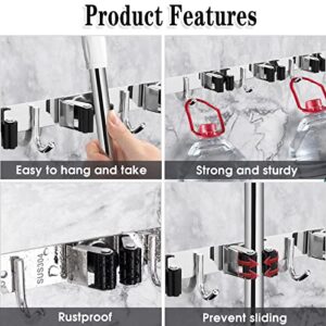 5 Racks and 4 Hooks Mop and Broom Holder Wall Mount, Broom Organizer Storage Tool Racks Stainless Steel Heavy Duty Hooks Self Adhesive Solid Non-slip for Home Kitchen Garden Laundry Garage