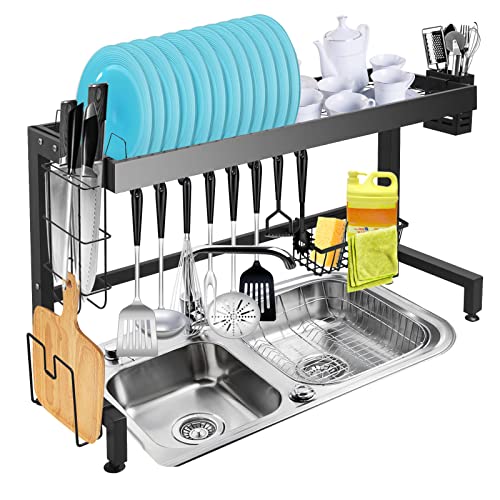 LAXIA Over The Sink Dish Drying Rack , 2-Tier Stainless Steel with detergent holder-chopstick rest-chopping board holder-8 utility hooks-for Kitchen Counter Space Saving(34inch) (2 tiers)