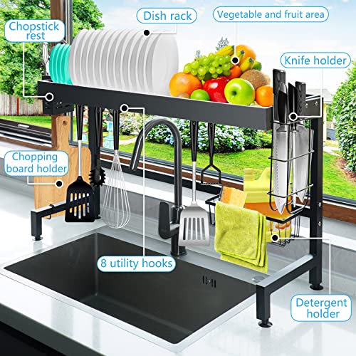 LAXIA Over The Sink Dish Drying Rack , 2-Tier Stainless Steel with detergent holder-chopstick rest-chopping board holder-8 utility hooks-for Kitchen Counter Space Saving(34inch) (2 tiers)