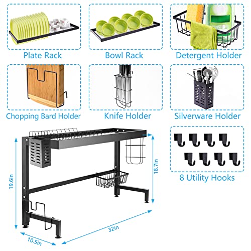 LAXIA Over The Sink Dish Drying Rack , 2-Tier Stainless Steel with detergent holder-chopstick rest-chopping board holder-8 utility hooks-for Kitchen Counter Space Saving(34inch) (2 tiers)