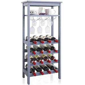 smibuy wine rack with glass holder & table top, 16 bottles storage, floor free standing bamboo display shelves for home, kitchen, pantry, cellar, bar (grey)