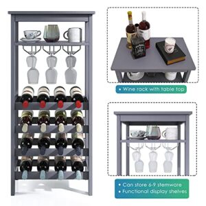 SMIBUY Wine Rack with Glass Holder & Table Top, 16 Bottles Storage, Floor Free Standing Bamboo Display Shelves for Home, Kitchen, Pantry, Cellar, Bar (Grey)