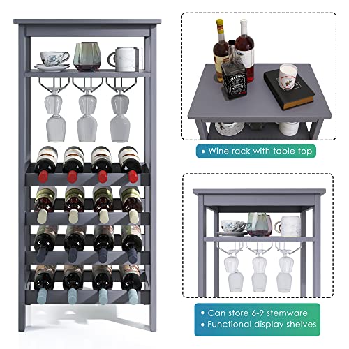 SMIBUY Wine Rack with Glass Holder & Table Top, 16 Bottles Storage, Floor Free Standing Bamboo Display Shelves for Home, Kitchen, Pantry, Cellar, Bar (Grey)