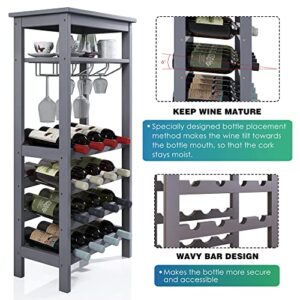 SMIBUY Wine Rack with Glass Holder & Table Top, 16 Bottles Storage, Floor Free Standing Bamboo Display Shelves for Home, Kitchen, Pantry, Cellar, Bar (Grey)