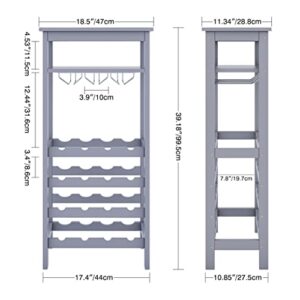 SMIBUY Wine Rack with Glass Holder & Table Top, 16 Bottles Storage, Floor Free Standing Bamboo Display Shelves for Home, Kitchen, Pantry, Cellar, Bar (Grey)