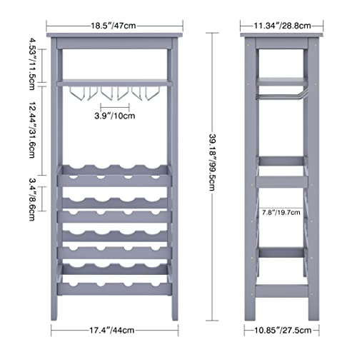 SMIBUY Wine Rack with Glass Holder & Table Top, 16 Bottles Storage, Floor Free Standing Bamboo Display Shelves for Home, Kitchen, Pantry, Cellar, Bar (Grey)