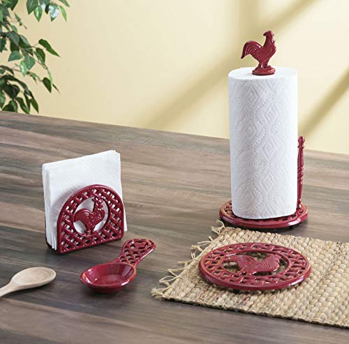 Home Basics Weighted Cast Iron Steel Fleur De Lis Paper Towel Holder and Dispenser Stand, Red