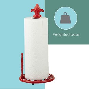 Home Basics Weighted Cast Iron Steel Fleur De Lis Paper Towel Holder and Dispenser Stand, Red