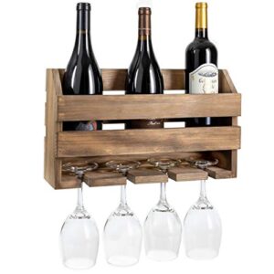 ilyapa rustic wooden wall mounted wine rack – wine bottles & 4 stemware glass holder for home bar, kitchen, farmhouse decor (barnwood)