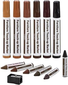 furniture repair kit wood markers – set of 13 – markers and wax sticks with sharpener kit, for stains, scratches, wood floors, tables, desks, carpenters, bedposts, touch ups, and cover ups