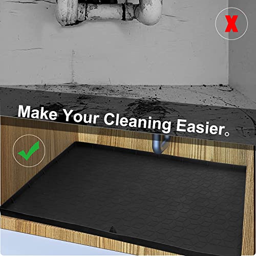 Under Sink Mat, 34" x 22" Under Sink Mats for Kitchen Waterproof, Extra Thick Non-Slip Silicone Under Sink Liner Drip Tray, Sink Cabinet Protector Mats for Kitchen and Bathroom, Easy to Clean (Black)