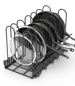 vdomus pan organizer with pot lid holder handle bracket design, black metal kitchen pot and pan organizer rack for cabinet or counter, pot organizer with 7 adjustable dividers