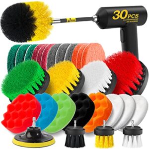 holikme 30 piece drill brush attachments set,scrub pads & sponge, power scrubber brush with extend long attachment all purpose clean for grout, tiles, sinks, bathtub, bathroom, kitchen