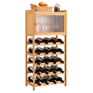 goflame floor bamboo wine rack cabinet, 20 bottles freestanding wine bottle organizer with glass holder and large tabletop, wine display storage shelves for dining room, kitchen, pantry, cellar, bar