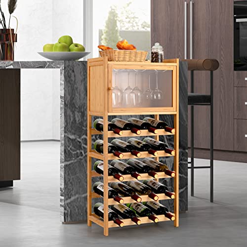 GOFLAME Floor Bamboo Wine Rack Cabinet, 20 Bottles Freestanding Wine Bottle Organizer with Glass Holder and Large Tabletop, Wine Display Storage Shelves for Dining Room, Kitchen, Pantry, Cellar, Bar
