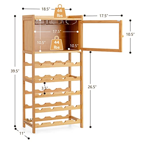 GOFLAME Floor Bamboo Wine Rack Cabinet, 20 Bottles Freestanding Wine Bottle Organizer with Glass Holder and Large Tabletop, Wine Display Storage Shelves for Dining Room, Kitchen, Pantry, Cellar, Bar