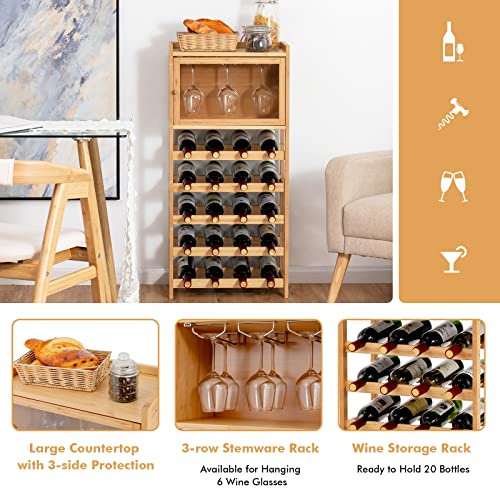 GOFLAME Floor Bamboo Wine Rack Cabinet, 20 Bottles Freestanding Wine Bottle Organizer with Glass Holder and Large Tabletop, Wine Display Storage Shelves for Dining Room, Kitchen, Pantry, Cellar, Bar