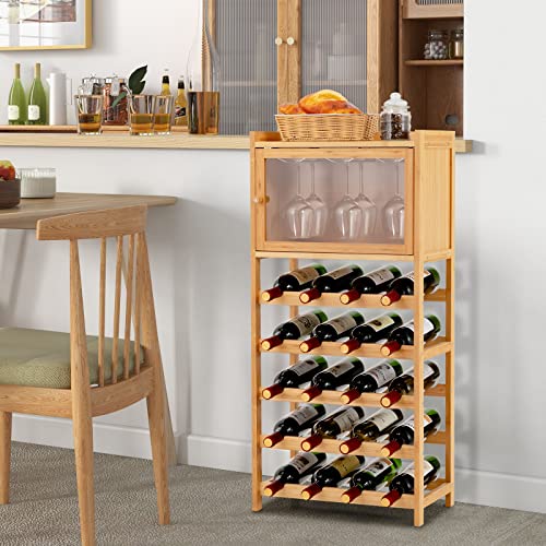 GOFLAME Floor Bamboo Wine Rack Cabinet, 20 Bottles Freestanding Wine Bottle Organizer with Glass Holder and Large Tabletop, Wine Display Storage Shelves for Dining Room, Kitchen, Pantry, Cellar, Bar