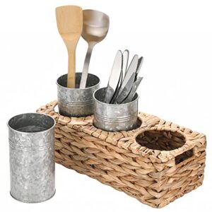 mygift rustic galvanized metal kitchen utensil holder with woven natural seagrass basket tray, buffet picnic flatware utensil server, 4 piece set