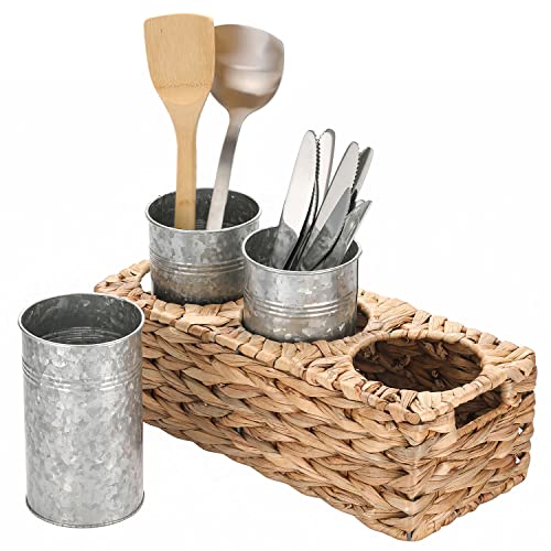 MyGift Rustic Galvanized Metal Kitchen Utensil Holder with Woven Natural Seagrass Basket Tray, Buffet Picnic Flatware Utensil Server, 4 Piece Set