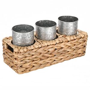 MyGift Rustic Galvanized Metal Kitchen Utensil Holder with Woven Natural Seagrass Basket Tray, Buffet Picnic Flatware Utensil Server, 4 Piece Set