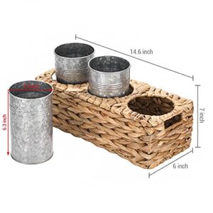 MyGift Rustic Galvanized Metal Kitchen Utensil Holder with Woven Natural Seagrass Basket Tray, Buffet Picnic Flatware Utensil Server, 4 Piece Set