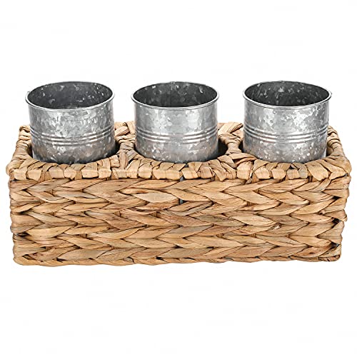 MyGift Rustic Galvanized Metal Kitchen Utensil Holder with Woven Natural Seagrass Basket Tray, Buffet Picnic Flatware Utensil Server, 4 Piece Set