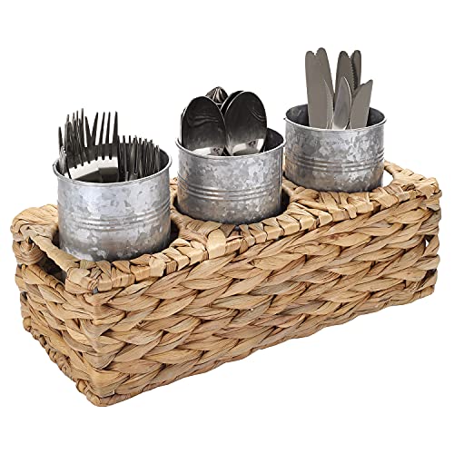 MyGift Rustic Galvanized Metal Kitchen Utensil Holder with Woven Natural Seagrass Basket Tray, Buffet Picnic Flatware Utensil Server, 4 Piece Set