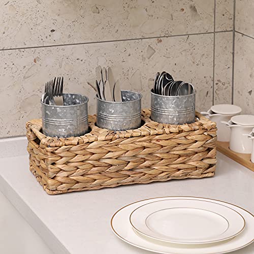 MyGift Rustic Galvanized Metal Kitchen Utensil Holder with Woven Natural Seagrass Basket Tray, Buffet Picnic Flatware Utensil Server, 4 Piece Set