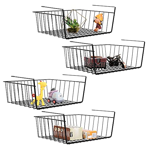 Under Shelf Basket 4 Pack Hanging Under Shelf Storage Organizer Black Metal Wire Grid Under Table Shelf Storage Basket Rack for Pantry Cabinet Desk Bookshelf Office Closet